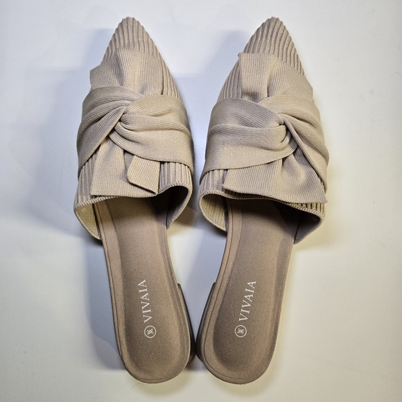 Vivaia Yaffa Pointed-Toe Knot Mules Almond Tan Flat Slides Neutral Office Size 8 - Picture 3 of 10